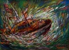 ANDREW VICARI oil on canvas - lifeboat RNLI 1627 travelling at speed, signed, 89 x 120cms