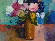 DONALD McINTYRE acrylic - colourful study of a vase of flowers, signed with initials, 30 x 39cms