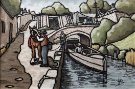 ALAN WILLIAMS acrylic on canvas - canal side with figures & horse, entitled verso 'Canal Locks,