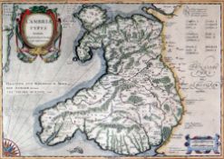 HUMPHREY LLWYD coloured & tinted map - Wales entitled 'Cambriae Typus', circa 1636-1642, 37 x 50cms