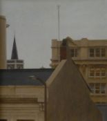 HARRY HOLLAND oil on board - Cardiff roof-tops entitled verso 'Bute Skyline, 1986', signed, 36 x