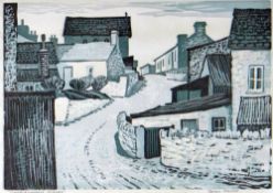 OGWYN DAVIES linocut - entitled 'Cardiganshire Village', signed fully & bearing Howard Roberts