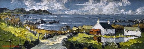 CHARLES WYATT WARREN oil on board - whitewashed cottage & outbuildings beside Caernarfon Bay with