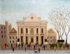 JACK JONES oil on board - historical Swansea church with colourful congregation on the pavement, '