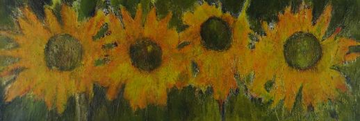 VIVIENNE WILLIAMS acrylic on board - row of four bright sunflowers entitled verso 'Sunflowers' on