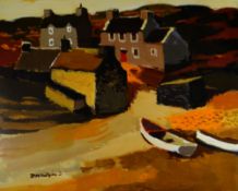 DONALD McINTYRE acrylic - fishing boats & cottages in a landscape, signed, 51 x 63cms