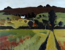DONALD McINTYRE oil - landscape entitled on Christie's Auction Rooms label 'Cottage in the Hills',