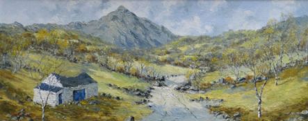 CHARLES WYATT WARREN oil on board - Cnicht Snowdonia landscape with lane & shepherd's hut, signed,