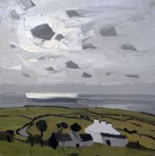 SIR KYFFIN WILLIAMS RA oil on canvas - Anglesey coast with farm, trees and the sea beyond,