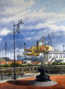 GRAHAM BROOKS watercolour - study of a large Norwegian vessel 'Essi Flora' docked in Bute dry