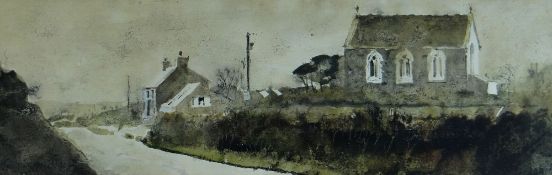 JOHN KNAPP FISHER watercolour - country lane with house & chapel, signed & dated 1971, 14 x 44cms
