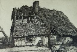 GRAHAM SUTHERLAND etching - of a semi-derelict thatched cottage, signed in full & with Thomas