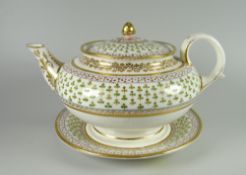 A RARE NANTGARW PORCELAIN ROUND TEAPOT & STAND the teapot of bellied form with ear-shaped handle,