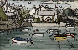ALAN WILLIAMS acrylic on panel - harbour side cottages & boats, entitled verso 'Cemaes Bay', signed,