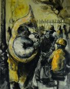 VALERIE GANZ mixed media - jazz band playing in Hay On Wye Jazz Festival, signed, 40 x 31cms