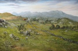 GWYNETH TOMOS oil on canvas - expansive landscape with farmstead, entitled verso 'Hill Farm,