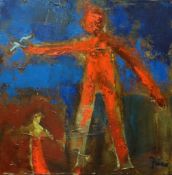 PAUL MARTINEZ FRIAS oil on canvas in box frame - releasing the bird, signed, 36 x 36cms