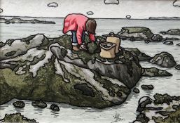 ALAN WILLIAMS acrylic on panel - figure working on the shoreline, entitled verso 'Seaweed