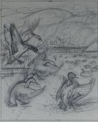 CHARLES FREDERICK TUNNICLIFFE pencil drawing - preliminary study of ducks on a lake, inscribed verso