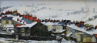 CHRISTOPHER HALL oil on board - South Wales Valleys street scene near Caerphilly under snow with