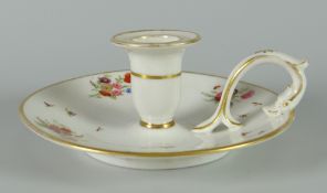 A SWANSEA PORCELAIN CHAMBER STICK with spurred loop handle and nozzle with everted rim, decorated