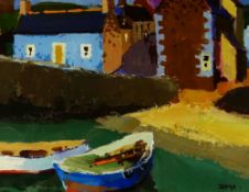 DONALD McINTYRE oil - Scottish fishing village with two boats, jetty, colourful houses & figures