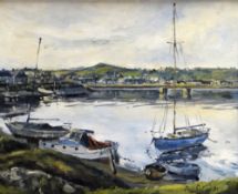 DAVID GRIFFITHS oil on board - harbour scene with pleasure boat & sailboats, entitled 'Harbour Mawr,