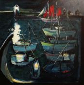 PAUL MARTINEZ FRIAS oil on canvas in box frame - sailing boats & harbour wall, signed, 76 x 76cms