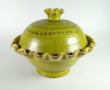 A RARE EWENNY POTTERY CAWL POT & COVER the base with pie-crust rim to match knop, inscribed in old-