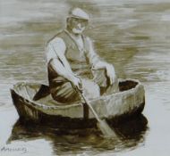 ANEURIN JONES sepia watercolour on paper - figure in a coracle with paddle entitled verso on