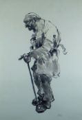 SIR KYFFIN WILLIAMS RA signed print - 'Old Man at Funeral', signed with initials, 61 x 41cms