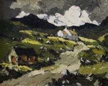CHARLES WYATT WARREN oil on board - Snowdonia lane with two buildings, entitled verso 'Hill Farm