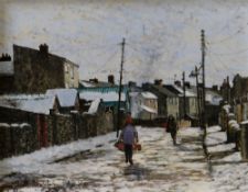 CHRISTOPHER HALL oil on board - Bridgend, South Wales street scene under snow with two figures,