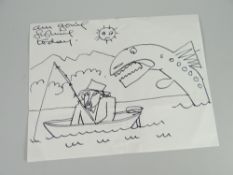 SIR KYFFIN WILLIAMS RA ink drawing on Basildon Bond note-paper - caricature of the artist fishing