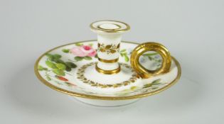 A FINE SWANSEA PORCELAIN MINIATURE TAPER STICK with loop handle and everted rim to the nozzle, the