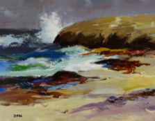 DONALD McINTYRE acrylic - South Wales coast with crashing waves on the headland and beach entitled