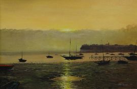 BRIAN WILLIAMS oil on canvas - Cardiff Bay and sun with boats before the Cardiff Bay