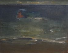 WILL ROBERTS oil on canvas - shoreline with horizon & sailboat, Howard Roberts Gallery label