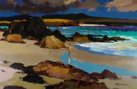 DONALD McINTYRE acrylic - fine example with single figure looking out to sea from a cove, entitled