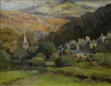 MILLICENT AYRTON oil on board - Snowdonia landscape with village in summer, entitled verso '