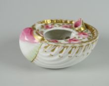 A RARE SWANSEA PORCELAIN SHELL FORM INK STAND decorated in gilding and with six open roses with gilt