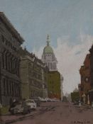 J MAY oil on canvas - The Old Bailey, London with court building & cars, signed & dated 1960, 39 x