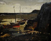 DONALD McINTYRE oil on canvas - early work, coastal scene with small sailboats ashore, signed, 25