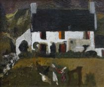 GWILYM PRICHARD oil on board - early farm scene with poultry in the foreground, entitled on artist's