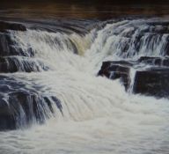 CERI AUCKLAND DAVIES egg tempura on board - fine study of a waterfall, entitled verso 'Pump Pwll (