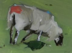 ESTHER TYSON oil on paper - study of a grazing sheep with bird, signed, 20 x 26cms