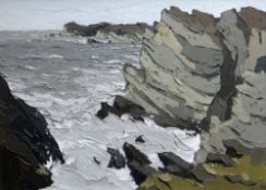 SIR KYFFIN WILLIAMS RA oil on canvas - rugged cliffs and sea, Anglesey, inscribed by the artist on