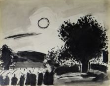 JOSEF HERMAN inkwash and pencil - slate fence and trees under the sun, 20 x 25cms Provenance: bar-