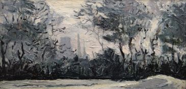 SIR KYFFIN WILLIAMS RA oil on canvas - dark woodland scene with industrial chimneys beyond, entitled