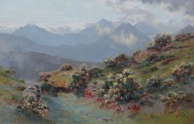 ALFRED OLIVER oil on board, a pair - Snowdonia scenes, one with gorse, the other with mist rising